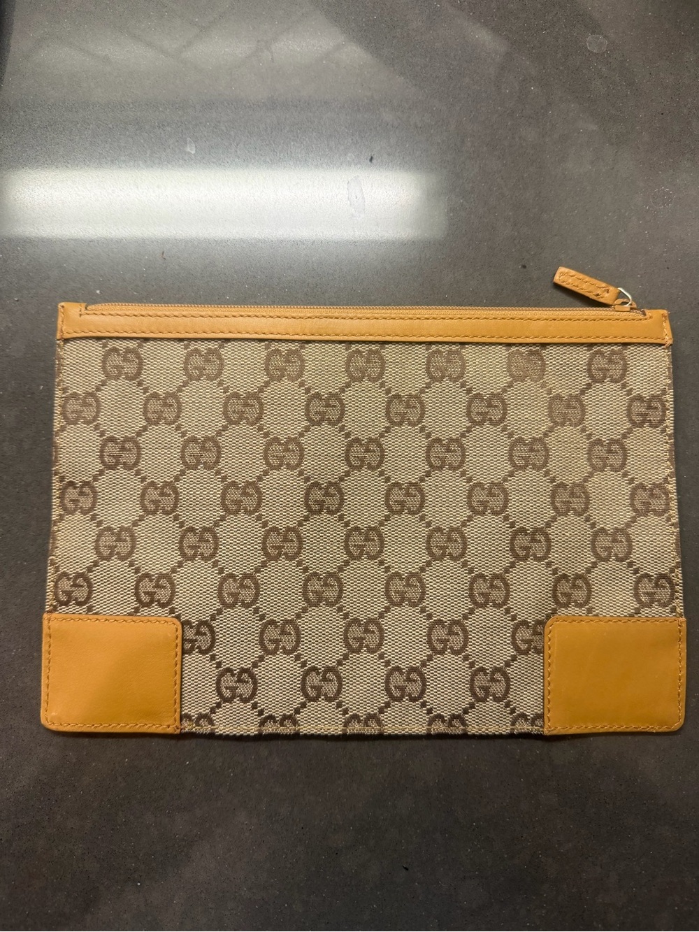 Gucci Beige & Brown GG Monogram Canvas Pouch with Tan Trim